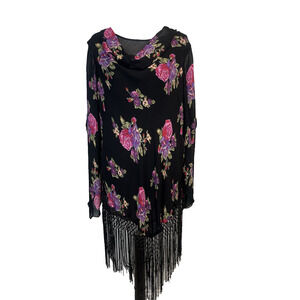 Temptations II Blouse Tunic Plus size 3XL Black Pink Purple Floral Fringe Church
